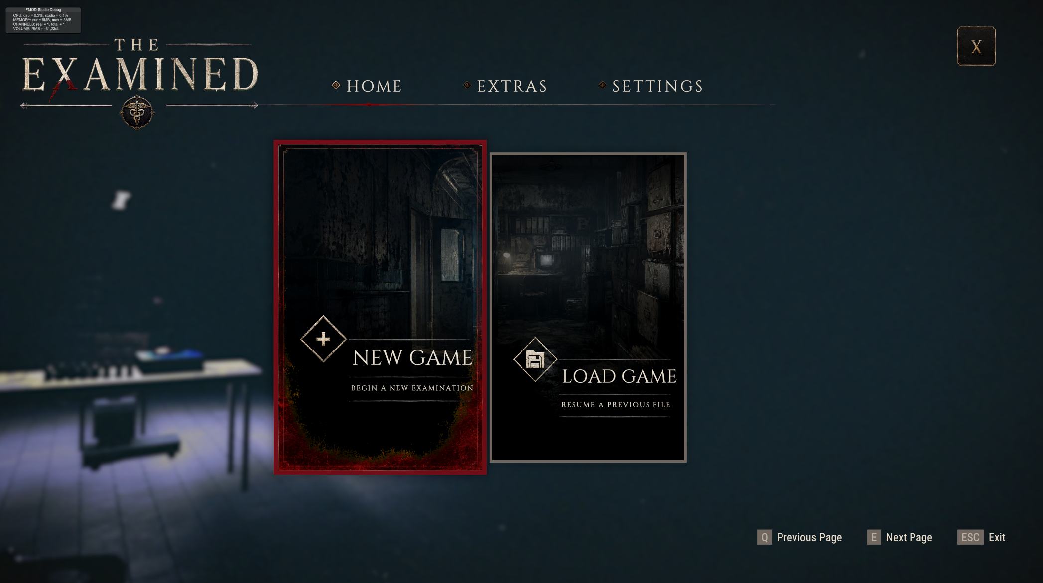 The Examined main menu shown in the current development build